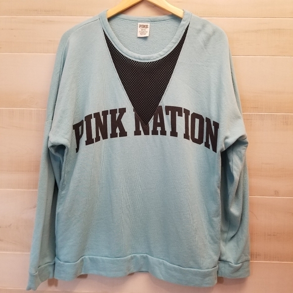 {M} PINK VS Mesh V Cutout Crew Pullover Baby Blue Sweatshirt - Picture 2 of 9